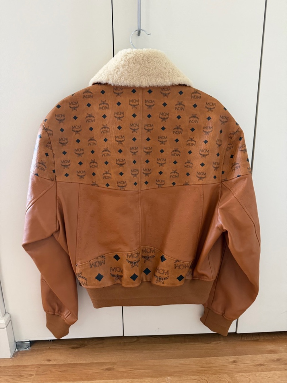MCM Cognac Brown Leather Bomber Jacket with Shearling Collar - Picture 2 of 6